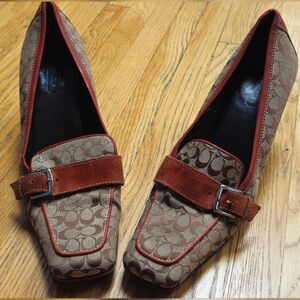 Coach "Lizzie" heels, size 8B, brown and tan, suede buckle, leather